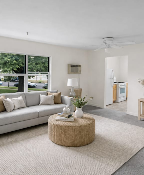 A living room with a grey couch, a round wicker table, and a grey rug.