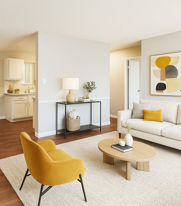 A living room with a couch, a coffee table, and a dining table with chairs.