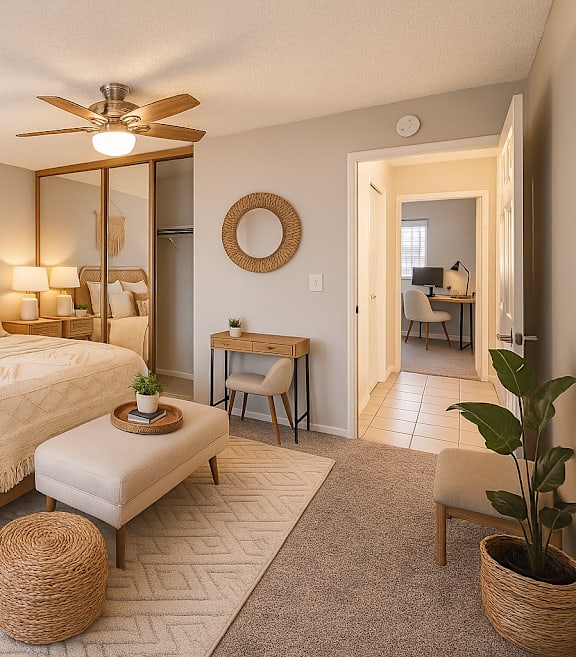 A room with a ceiling fan and wooden floors.