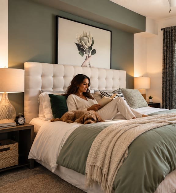 A woman is sitting on a bed with a dog.