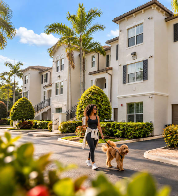 A woman walking her dog in front of a row of townhouses.