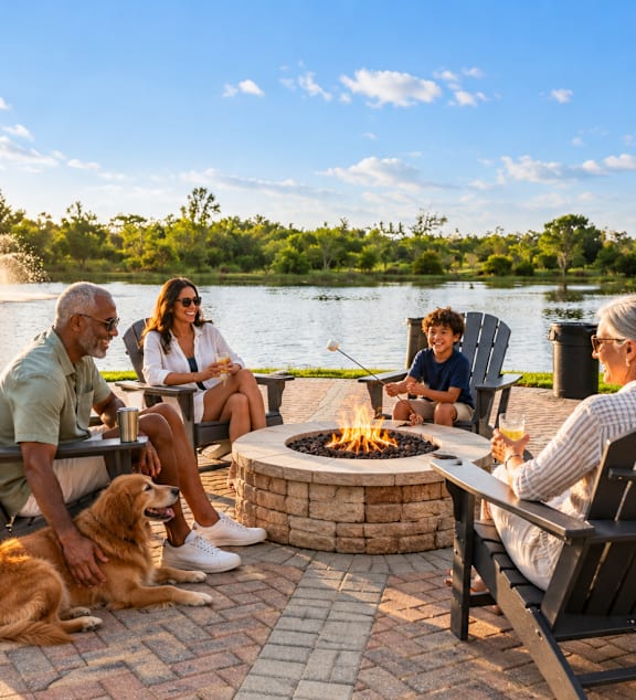 A group of people are sitting around a fire pit with a dog lying in front of them.