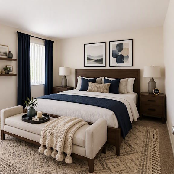 A bedroom with a large bed and a window with curtains.