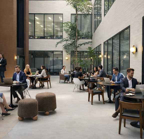 A group of people are sitting and standing around tables in a modern open plan office.