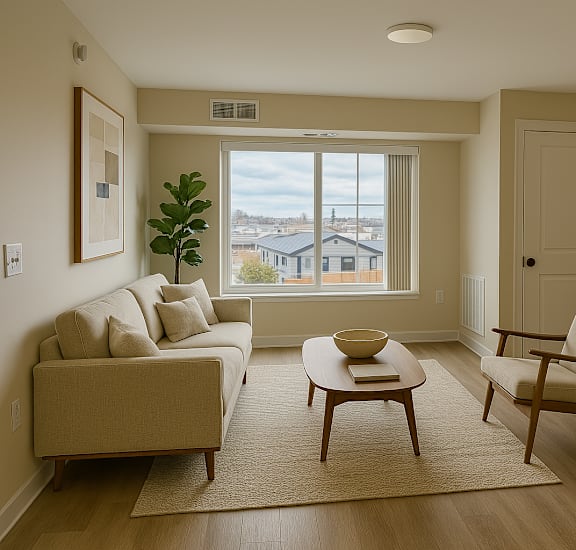A living room with a couch, chair, and table.