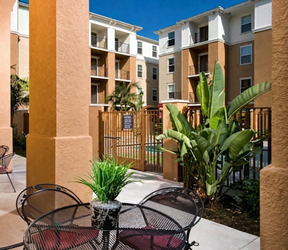 A patio with a table and chairs is surrounded by a fence and buildings.