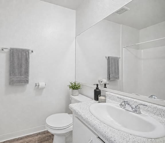 A white bathroom with a toilet, sink, and mirror.