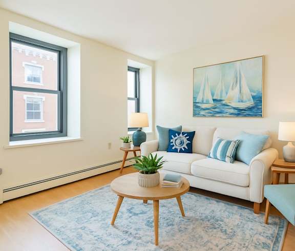 A living room with a white couch, blue pillows, a wooden coffee table, and a painting on the wall at Mohican Apartments, New London, CT, 06320