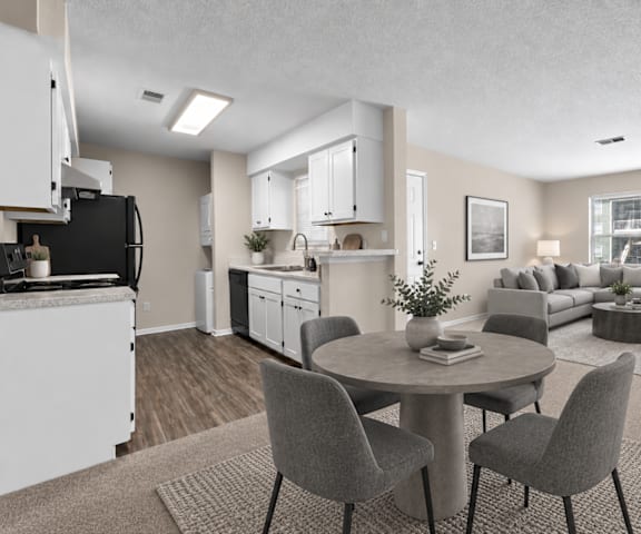A modern kitchen with a dining table and chairs in the foreground.
