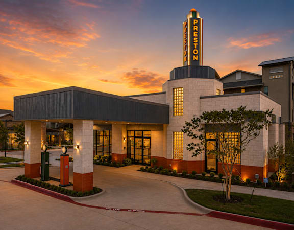 Leasing office at sunset at One Preston Station Apartments in Celina, Texas.
