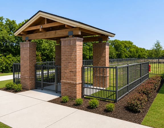 Fenced pet park with shaded seating for residents and their dogs at One Preston Station Apartments.