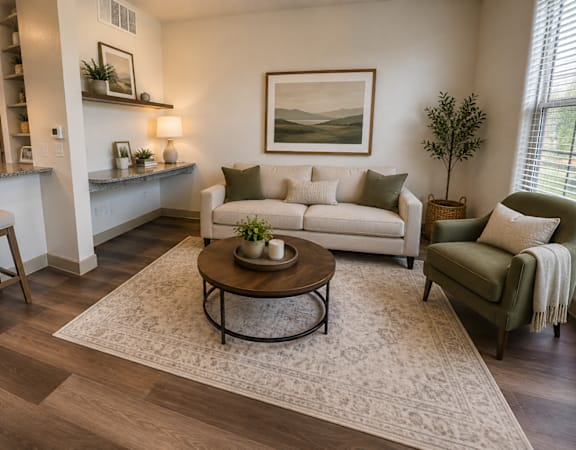 Open-concept living room with designer finishes, large windows, and modern furnishings at One Preston Station.