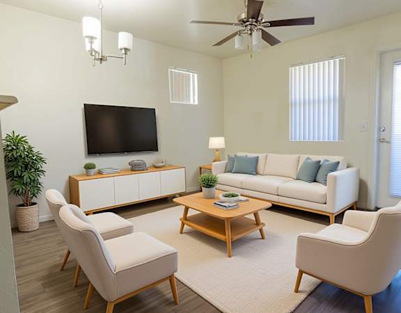 A living room with a white couch, a wooden coffee table, and a flat-screen TV.