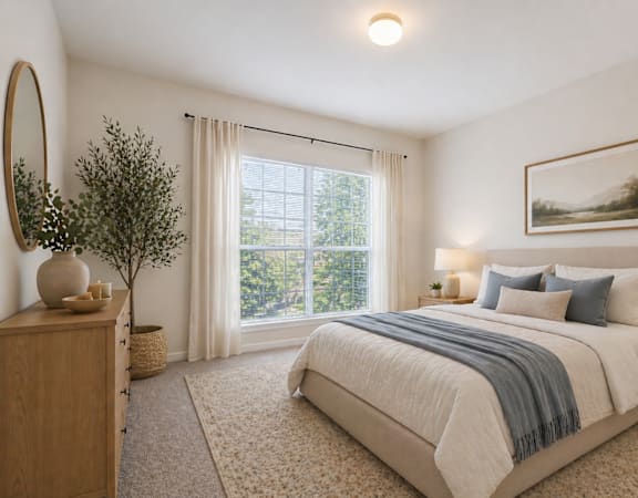 A bedroom with a large bed and a painting on the wall.