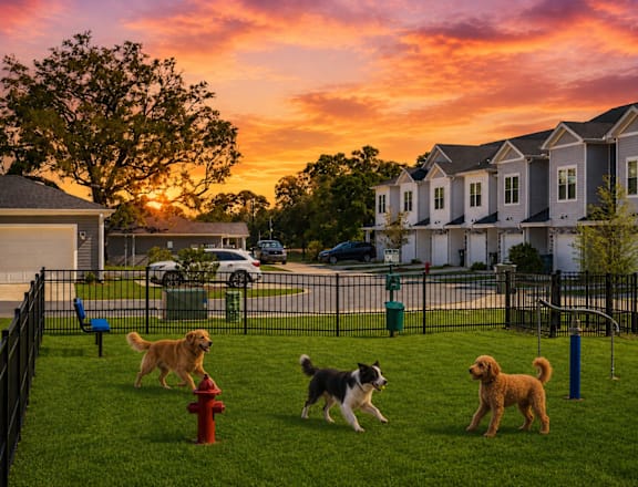 Four dogs playing in a grassy area in front of a row of houses.