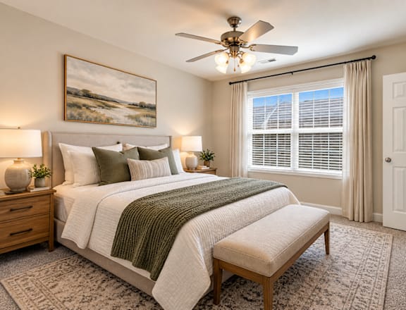 A bedroom with a large bed, a bench, and a painting on the wall.