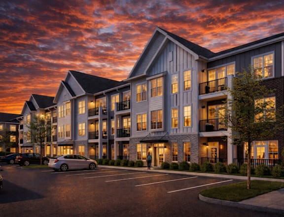 A large, modern building with a parking lot in front of it.
