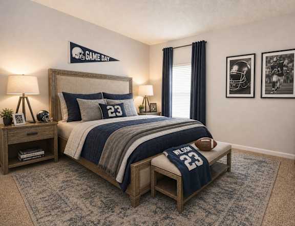 A bedroom with a bed, nightstands, and a football jersey on the bed.