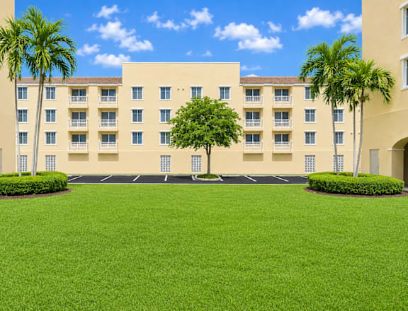 A large building with a green lawn in front and palm trees on the side.