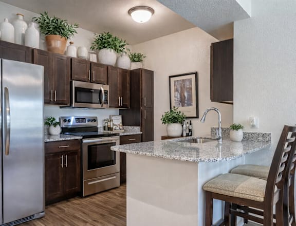 A kitchen with a refrigerator, microwave, oven, sink, and potted plants.