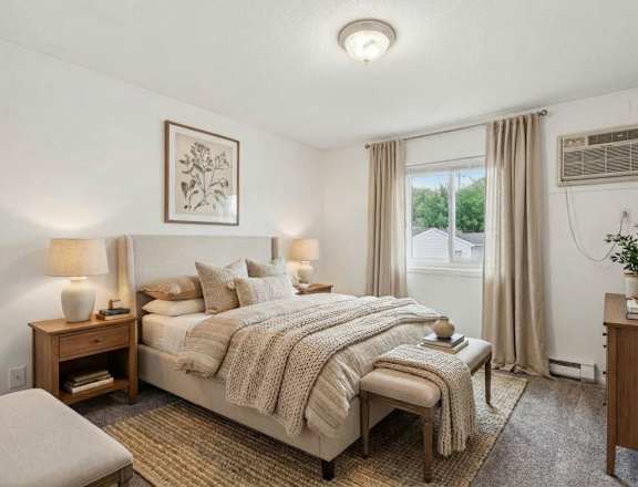 A bedroom with a large bed, a chair, and two framed pictures on the wall.
