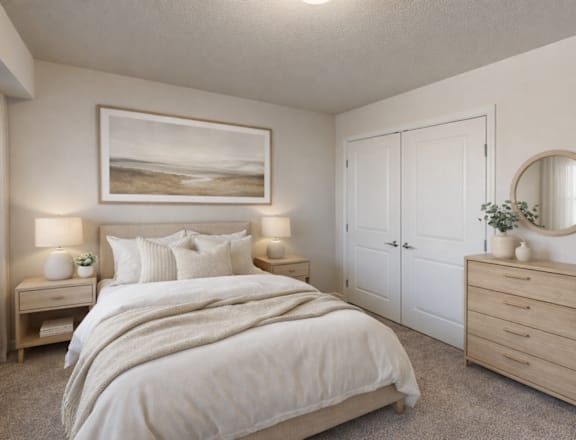 A bedroom with a large bed, two nightstands, and a painting on the wall.