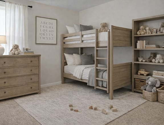 A white bedroom with a poster of the alphabet and a bunk bed.