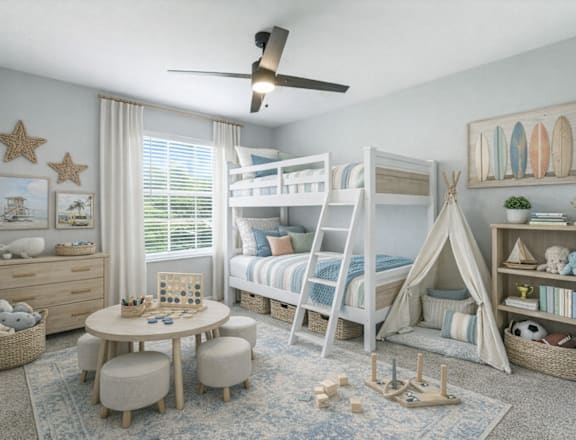 A room with a ceiling fan, a table with a board game on it, and a bunk bed. at Waterbridge Apartments , Orlando, FL, 32837
