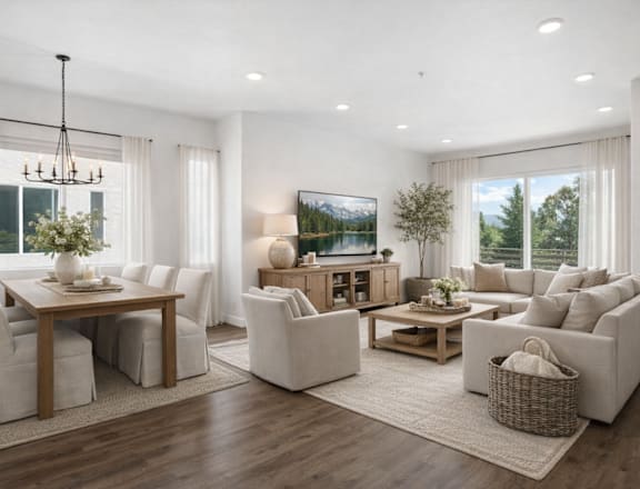 A well-lit, spacious living room with a dining area and a television.