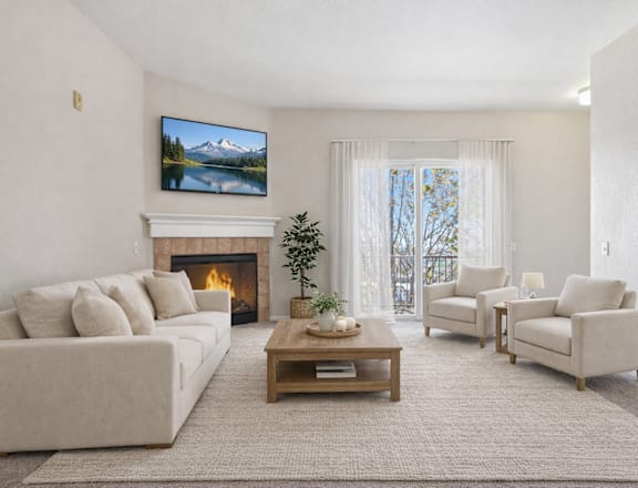 A living room with a fireplace and a TV mounted above it.