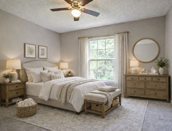 A bedroom with a large bed, a dresser, and a window with curtains.