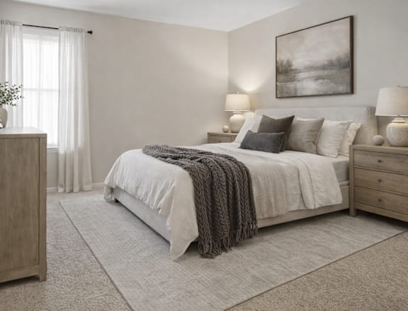 A bedroom with a large bed, a nightstand, and a dresser.