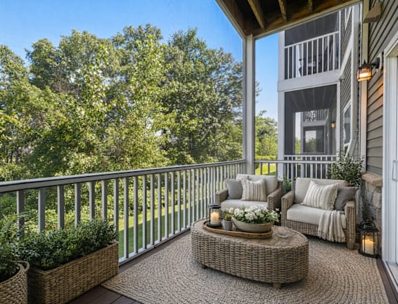 A balcony with a table and chairs and a view of a house.