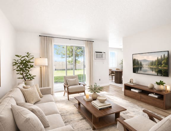 A living room with a large couch, a coffee table, and a painting on the wall.