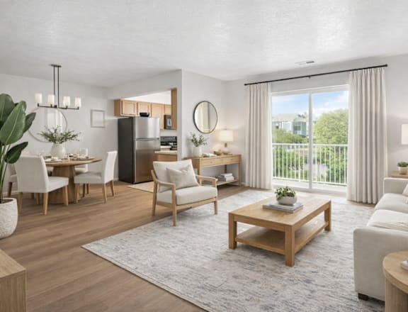 A well-lit, modern living room with a dining area and a kitchen in the background.