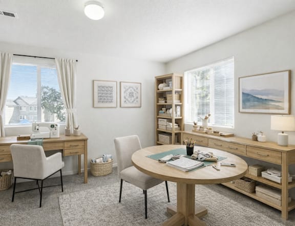 A well-lit room with a desk, chair, and a round table with a blue cushion. at Diamond Fork Apartments, Utah, 84660