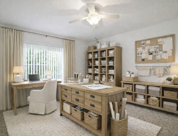 A room with a desk, chair, and shelves with various items.