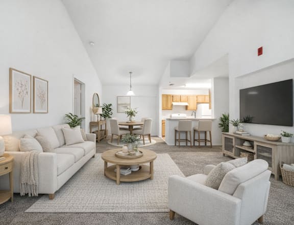 A living room with a white couch, a coffee table, and a television.