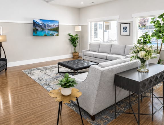 A living room with a grey couch, a black chair, and a coffee table.