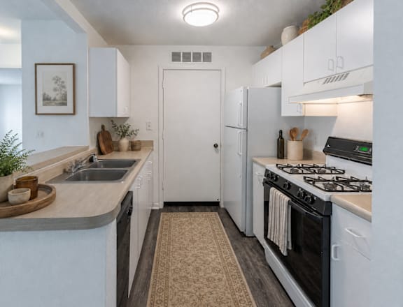 A kitchen with a stove, sink, and refrigerator.