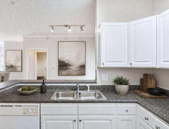 A modern kitchen with white cabinets and a granite countertop.