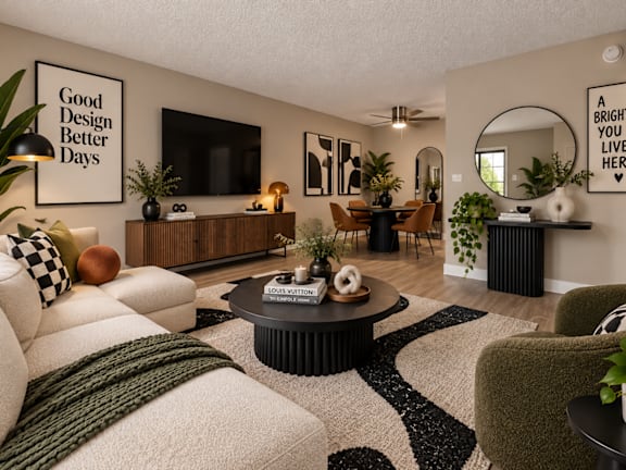 Living room with modern furnishings and wall art at Zoom Apartments, Las Vegas, 89103
