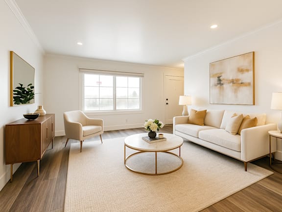 A living room with a grey couch, a blue chair, and a white rug.