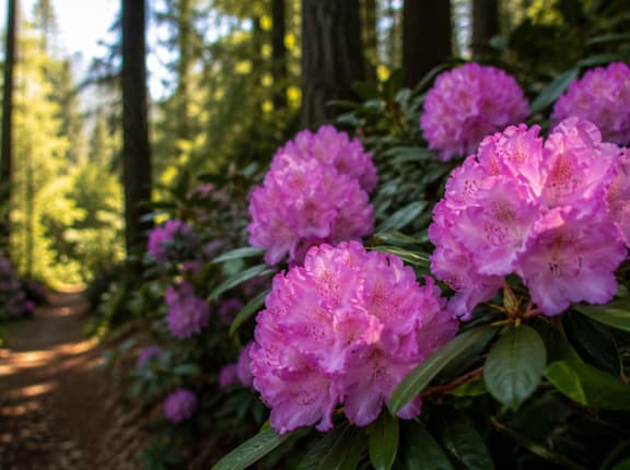 Pink flowers in the sunlight with green leaves.