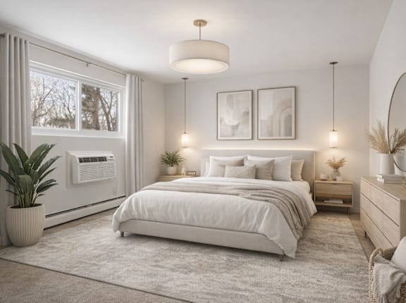 A well-lit, modern bedroom with a large bed, a potted plant, and a mirror on the wall.