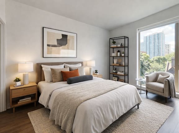 A bedroom with a large bed, a nightstand with a lamp, a chair, and a window overlooking a cityscape.