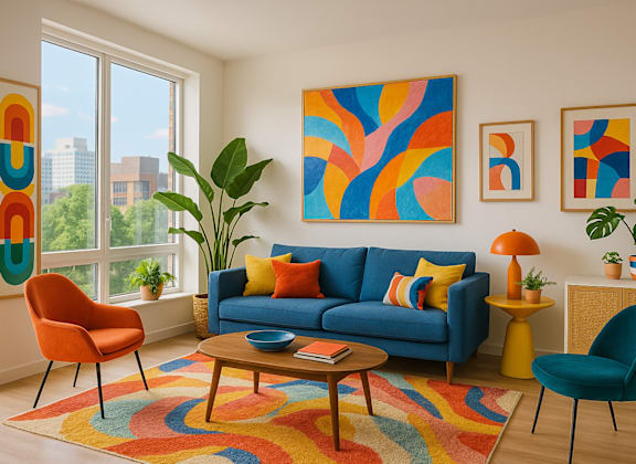 A living room with a blue couch and a colorful rug.