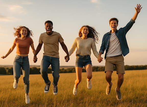 Four people are jumping in the air in a field.
