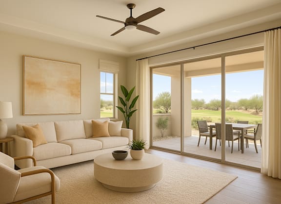 A living room with a white sofa, a round coffee table, and a painting on the wall.