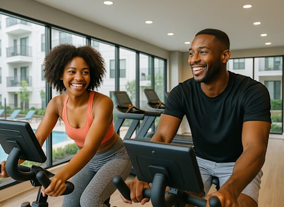 A man and a woman are exercising on stationary bikes in a bright room.